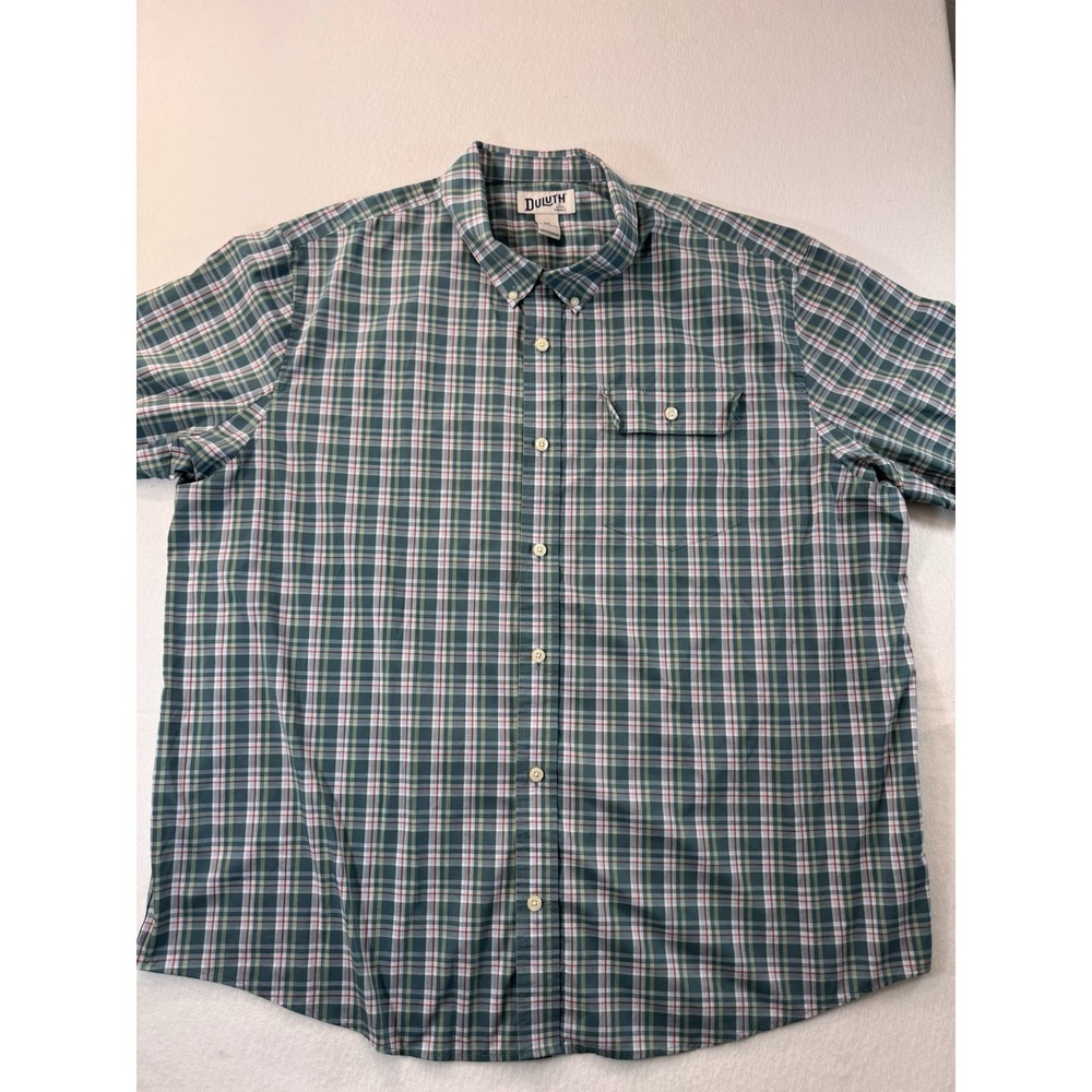 Duluth Trading Mens Short Sleeve Button Down Shirt 2XL Green Relaxed Fit Casual